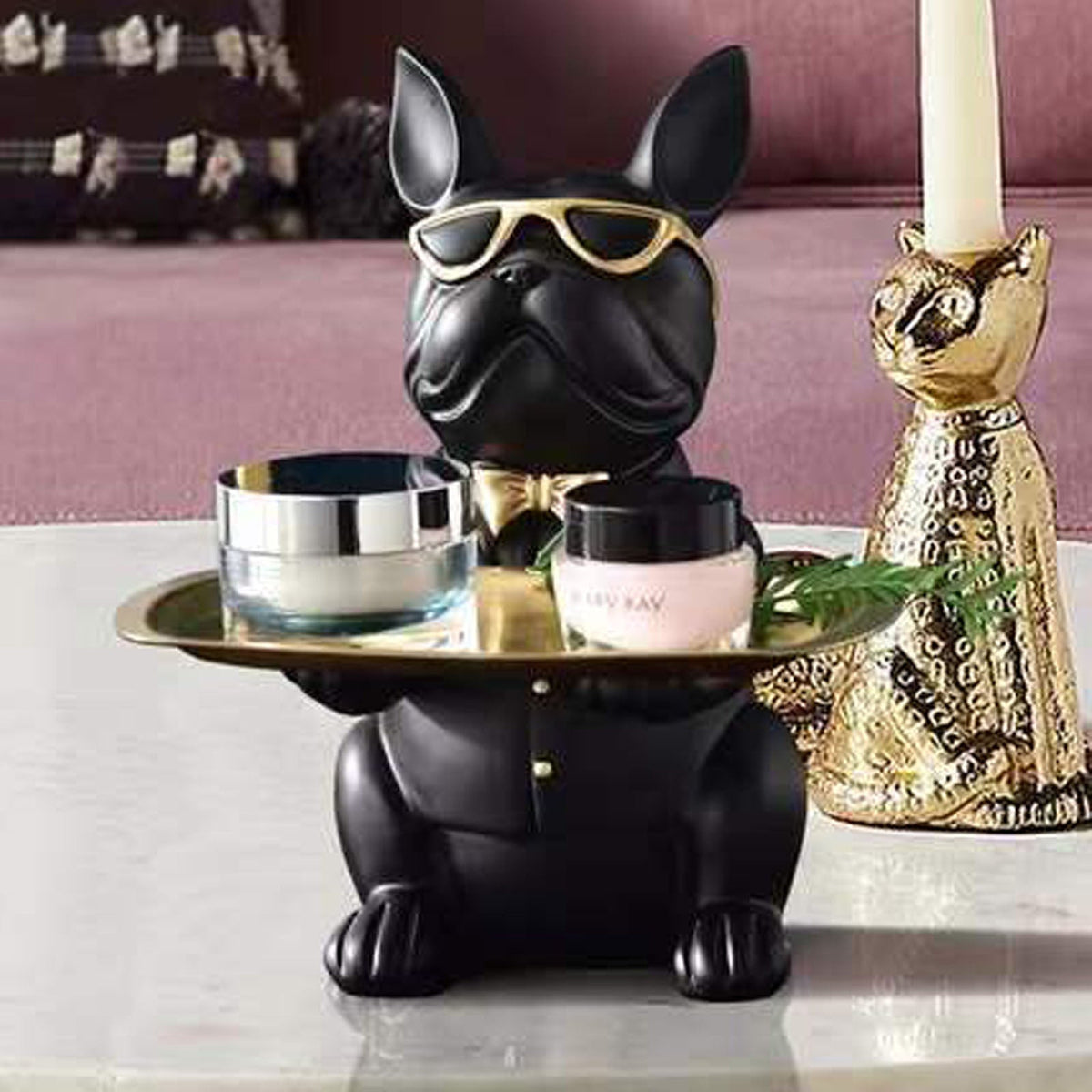 French Bulldog Statue with Tray Decor
